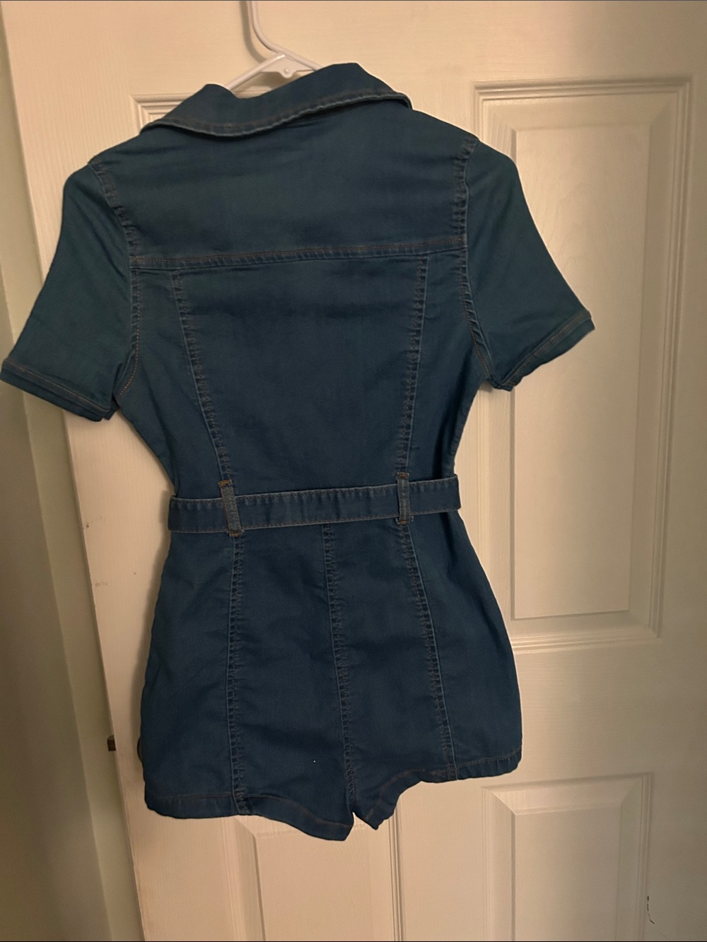 Parisian Works Teal Short-Sleeve Denim Romper with Belt - Picture 3 of 3